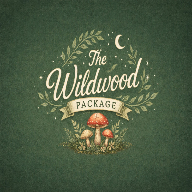 Decorative logo for 'The Wildwood Package' with mushrooms and foliage on a green background