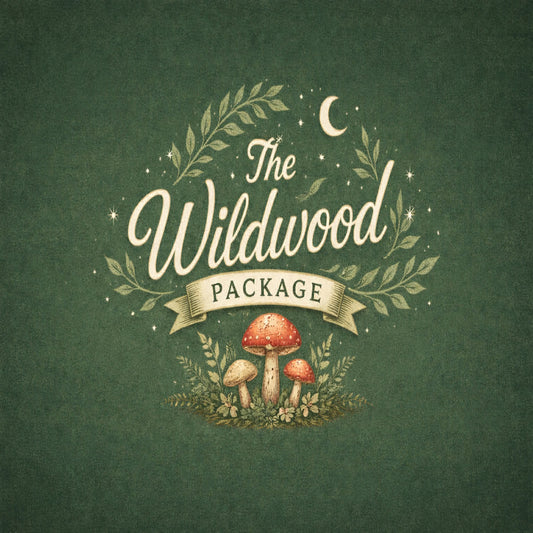 Decorative logo for 'The Wildwood Package' with mushrooms and foliage on a green background