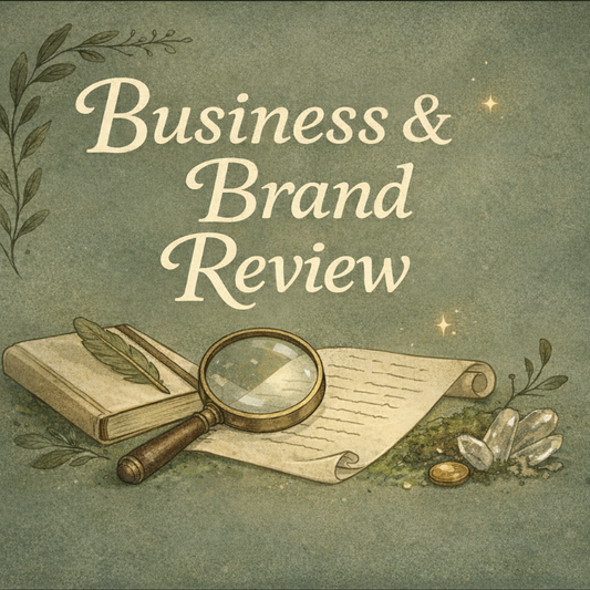 Vintage-style illustration with magnifying glass, book, and feather quill on a textured background with 'Business & Brand Review' text.