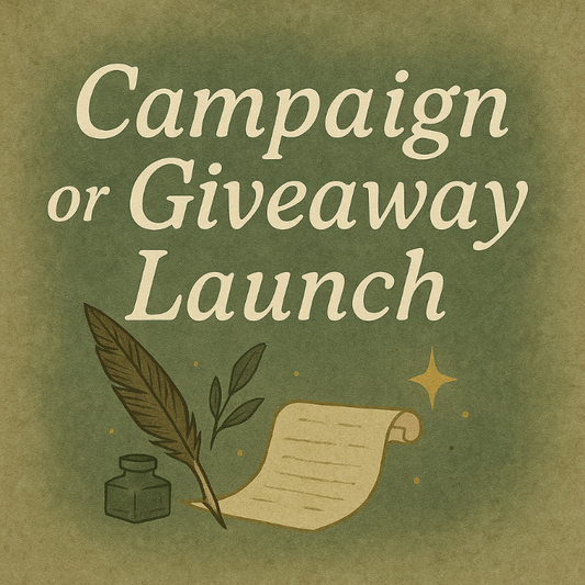 Promotional graphic for campaign or giveaway launch with feather, inkwell, and scroll on a green background.