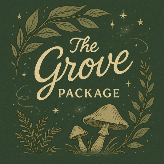 Decorative design with 'The Grove Package' text, mushrooms, and leaves on a green background.